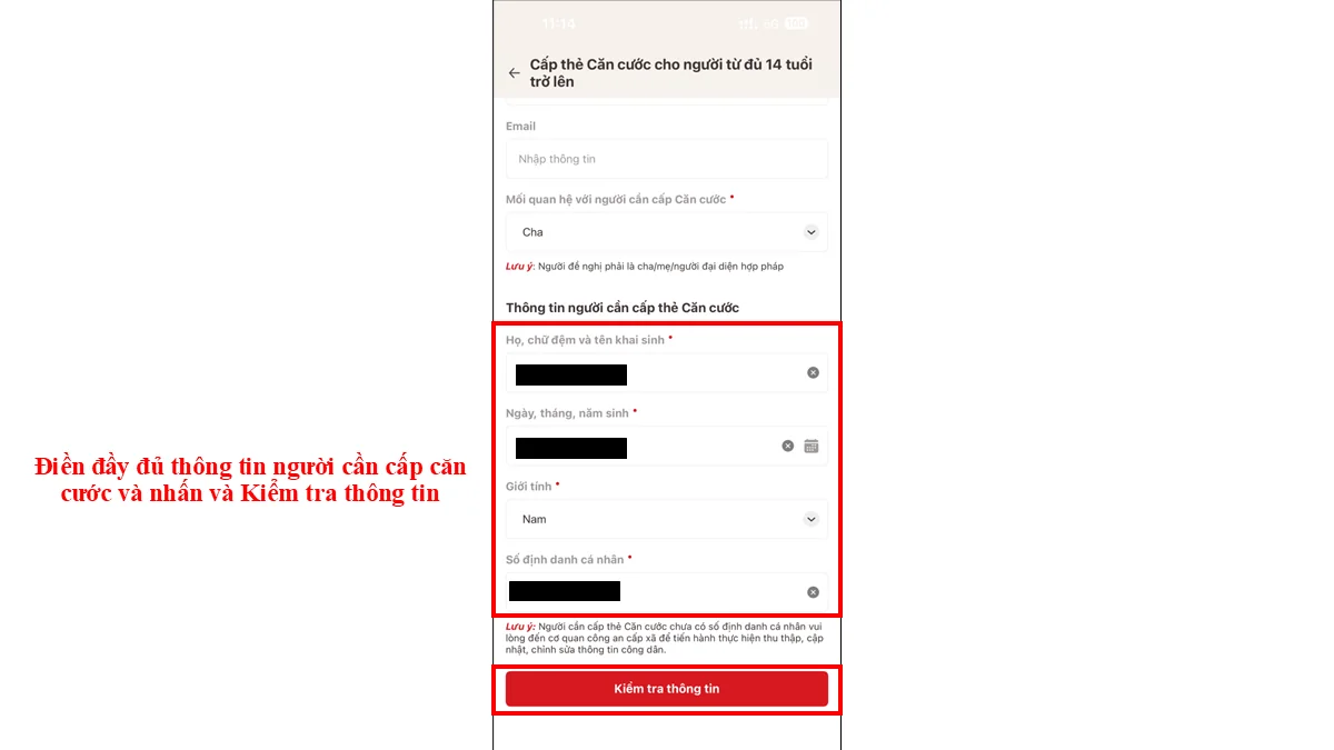 Điền đầy đủ thông tin người cần cấp căn cước và nhấn và Kiểm tra thông tin