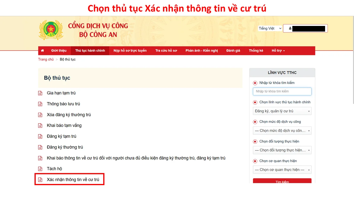 Chọn thủ tục Xác nhận thông tin về cư trú