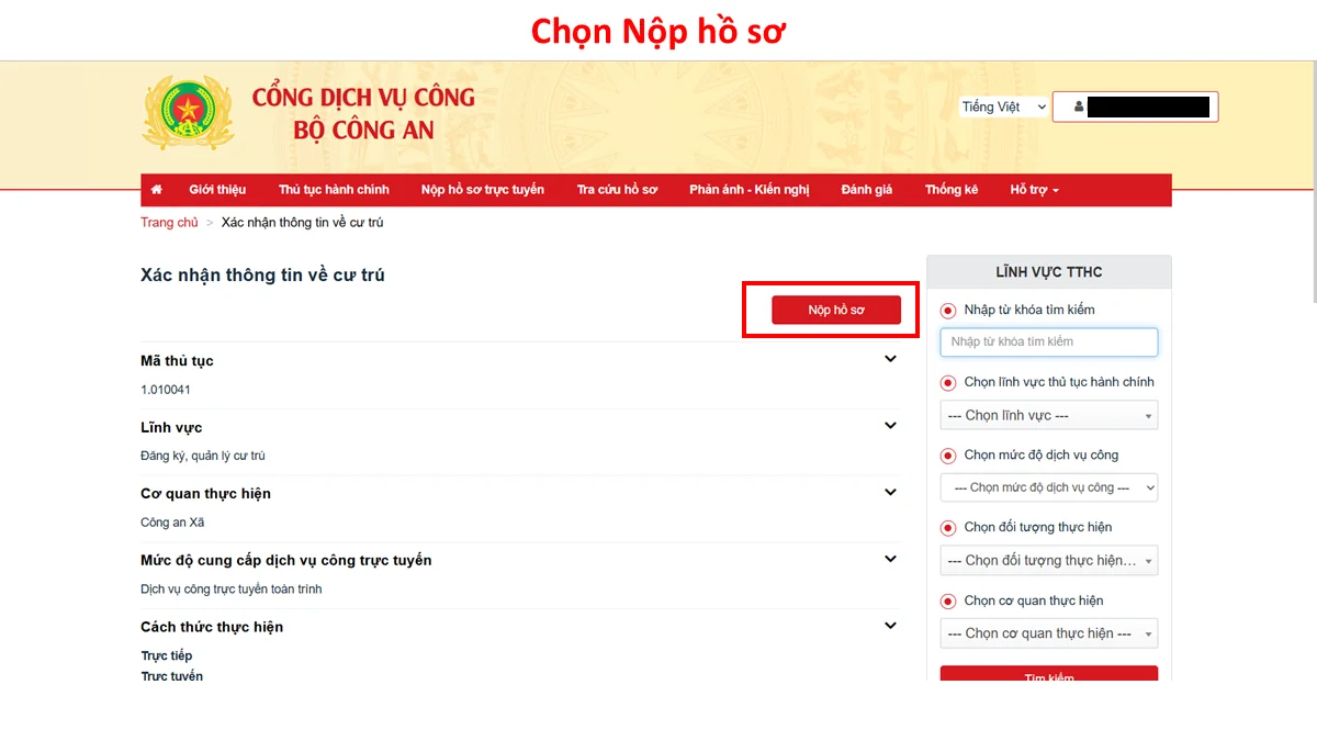 Chọn Nộp hồ sơ