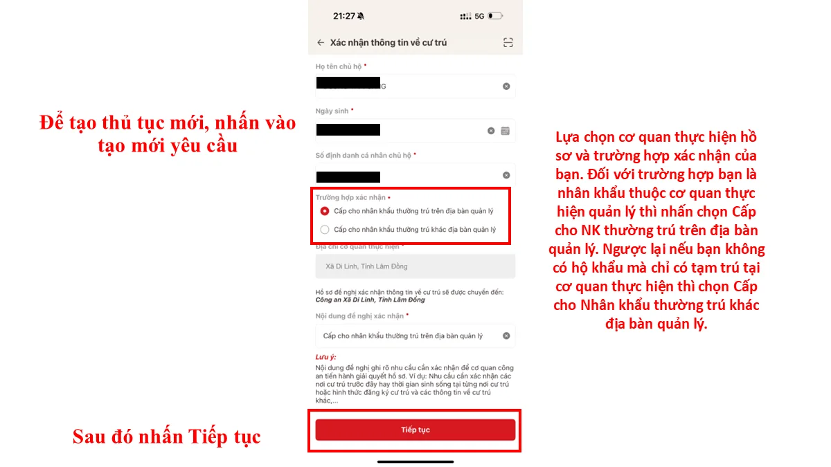 Để tạo thủ tục mới, nhấn vào tạo mới yêu cầu