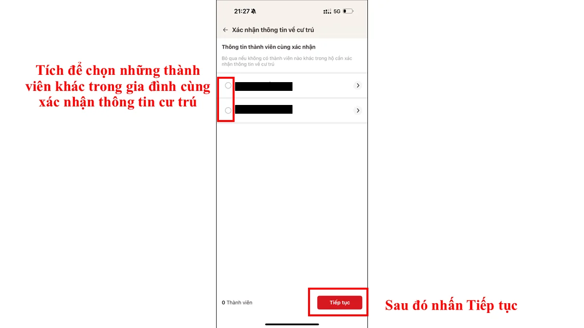 Tích để chọn những thành viên khác trong gia đình cùng xác nhận thông tin cư trú