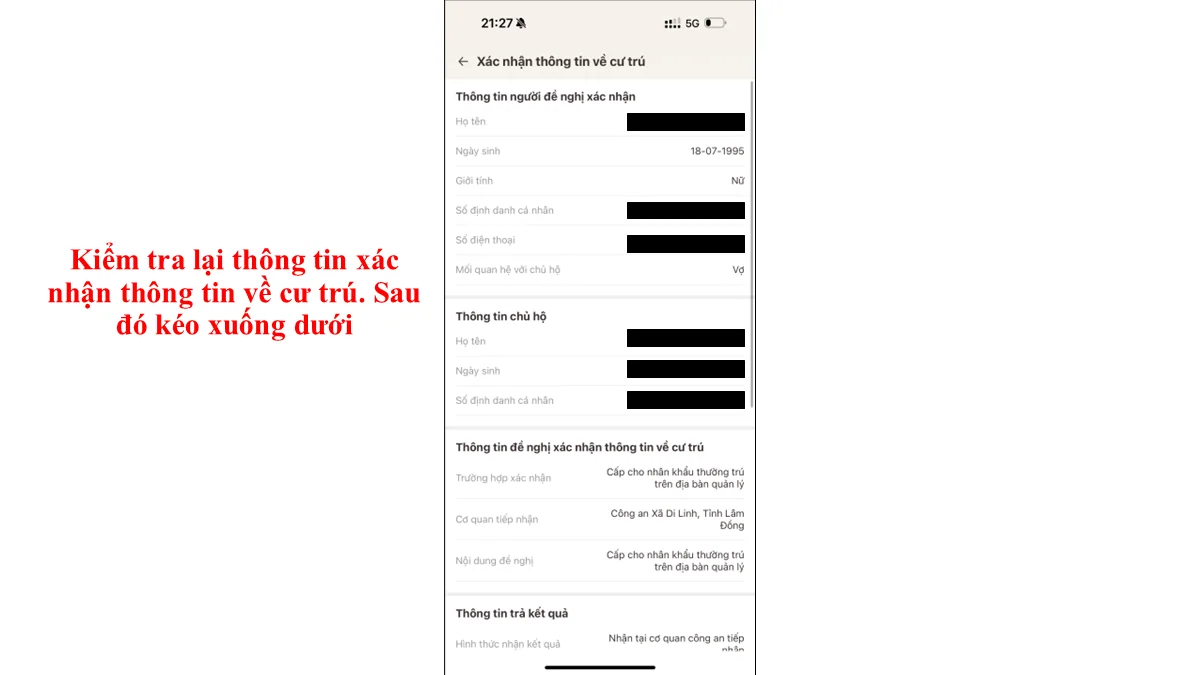 Kiểm tra lại thông tin xác nhận thông tin về cư trú. Sau đó kéo xuống dưới