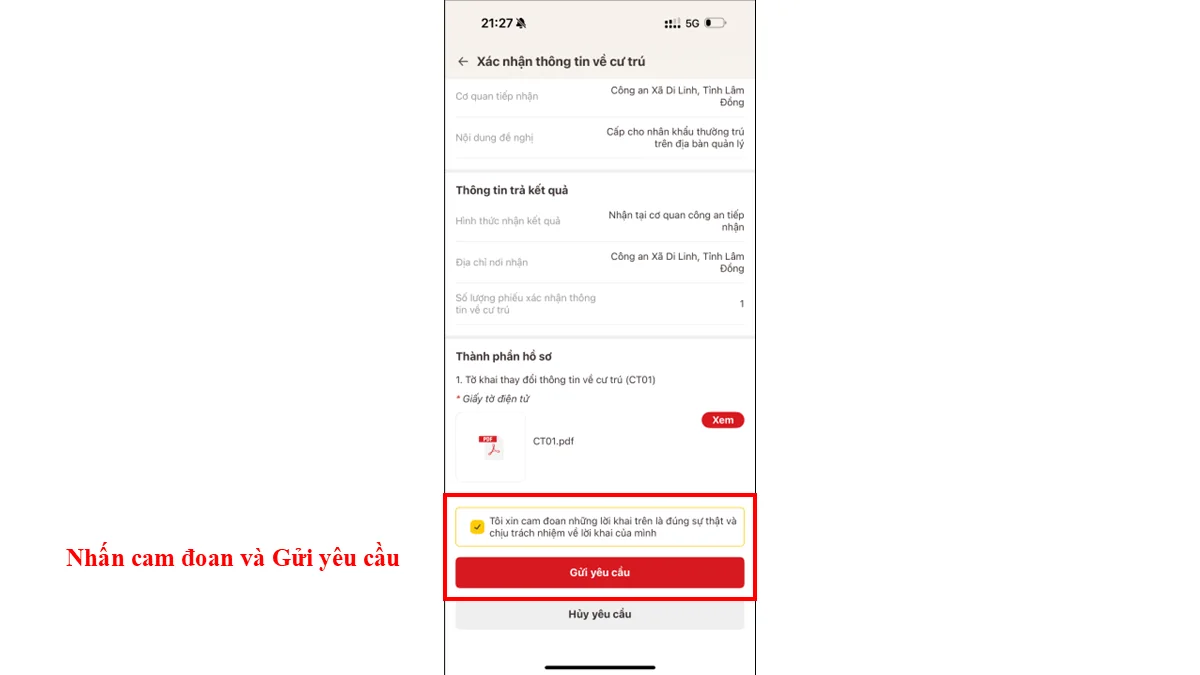Nhấn cam đoan và Gửi yêu cầu